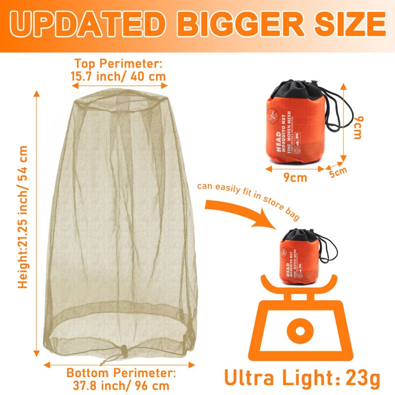 Benvo Mosquito Head Net Mesh, Face Neck Fly Netting Hood from Bugs Gnats Noseeums Screen Net for Any Outdoor Lover- with Carry Bags Fits Most Sizes of Hats Caps (2pcs, Khaki, Updated Big Net) - Image 2